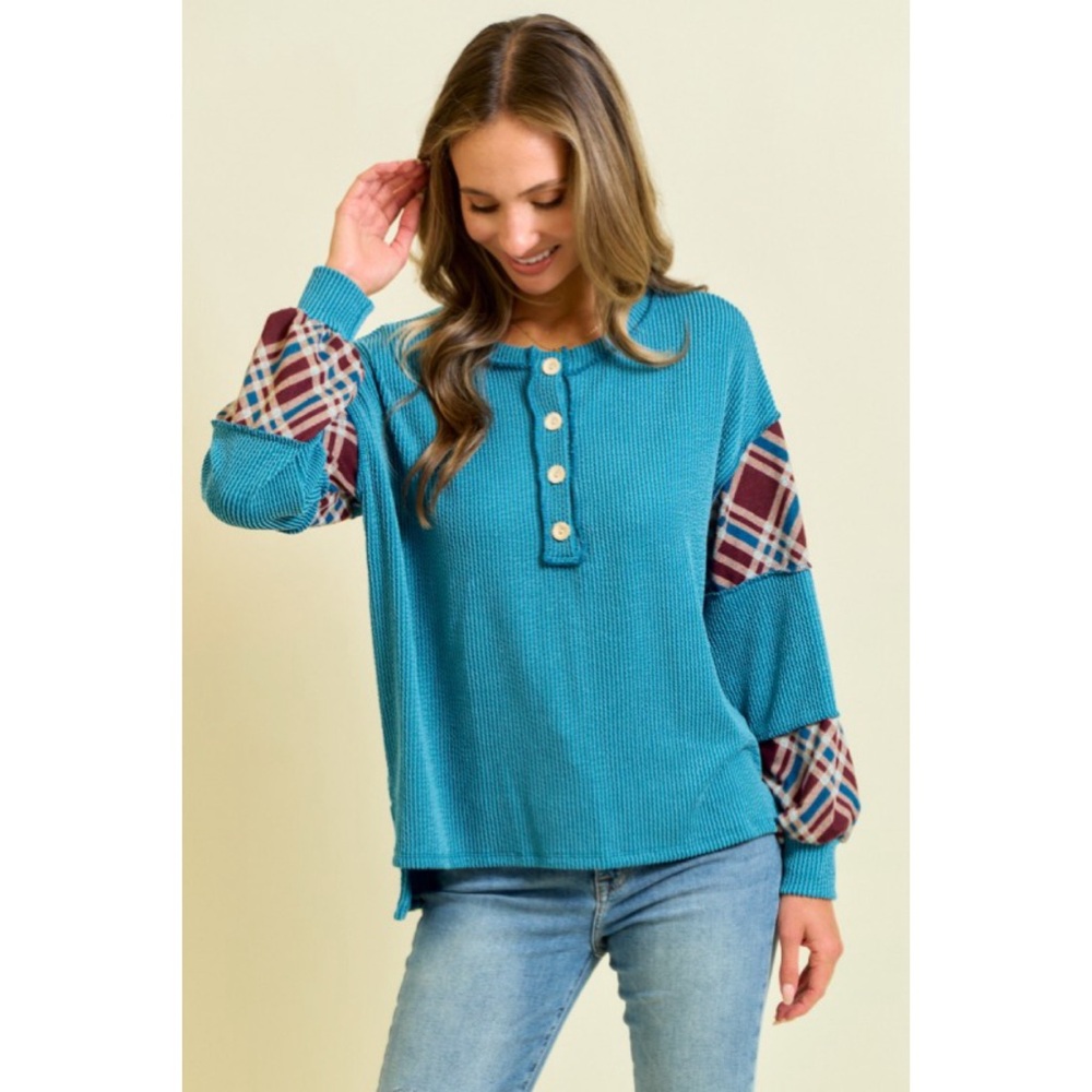 NEW! Turquoise and Burgundy Henley Style Ribbed Hi- Lo Top w/Plaid Detail!